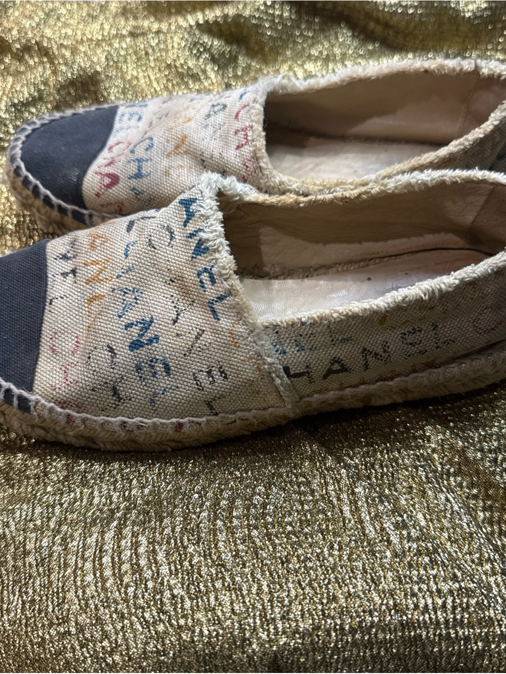 CHANEL Beige Canvas Espadrilles with Black Toe and Multicolor Print